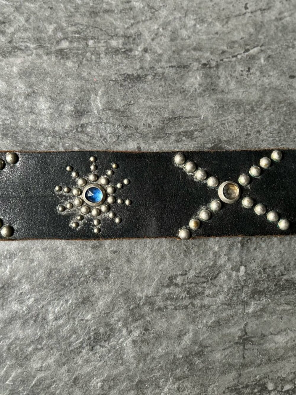 Vintage Black Leather Studded Belt with Blue & Clear Gems — No Buckle - Picture 7 of 7